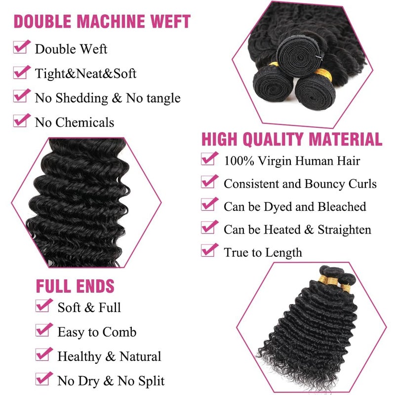 Misoun Human Hair Bundles Deep Wave Brazilian Bundles 16 18 20inch 12A 100% Unprocessed Virgin Deep Wave Quick Weave Bundles Raw Human Hair 3 Bundles Deals Natural Black - Image 3